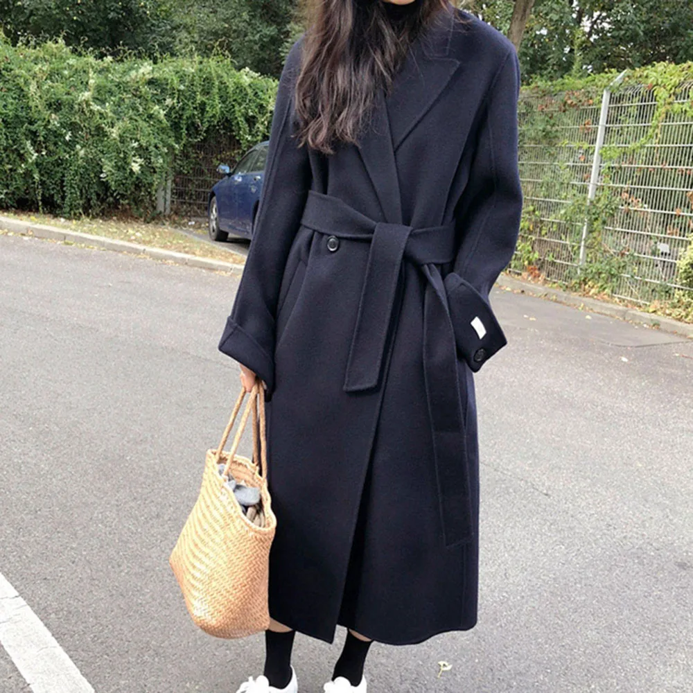 

Basic Wool Blends Women Korean Office Ladies Causal Basic Belted Long Overcoat Blue Autumn Thick Warm Winter Coats Minimalist