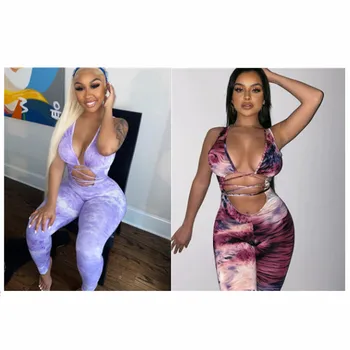 

Tie Dye Women Jumpsuits Sexy Hollow Out Bandage Jumpsuit Sexy V Neck Bodycon Party Romper Sleeveless Slim Summer Playsuit