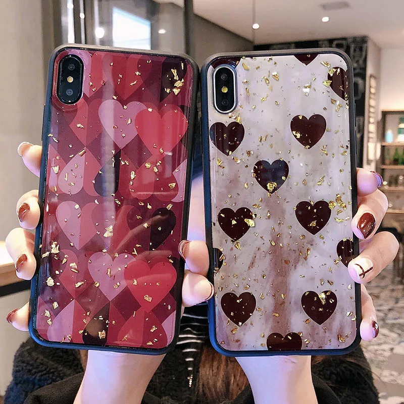 Блестящий чехол для телефона из золотой фольги с сердцем iPhone 11 Pro Max 6 6s 7 8 Plus Xs XR 5