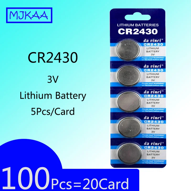 

100Pcs=20Card CR2430 3V Lithium Button Battery Cell Coin Batteries DL2430 BR2430 KL2430 For Watch Electronic Toy Remote