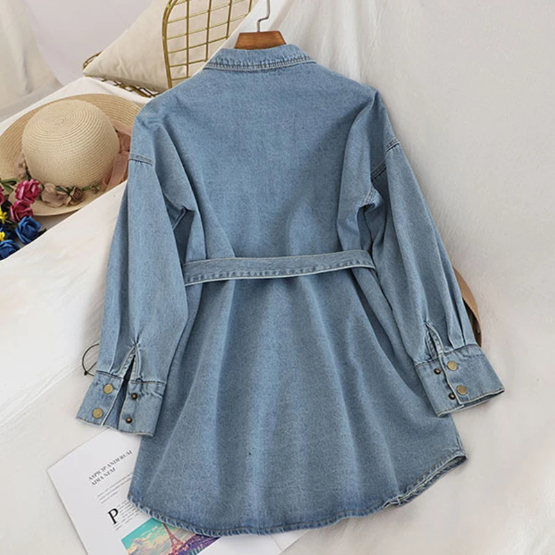 Весенне-осенняя женская джинсовая куртка повседневная однобортная верхняя одежда с длинным рукавом винтажная синяя/черная джинсовая куртка с поясом