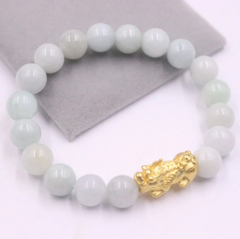 Чистый 24K желтое золото 3D ремесло монета Pixiu с 8 мм натуральный класс A Jadeite бусы