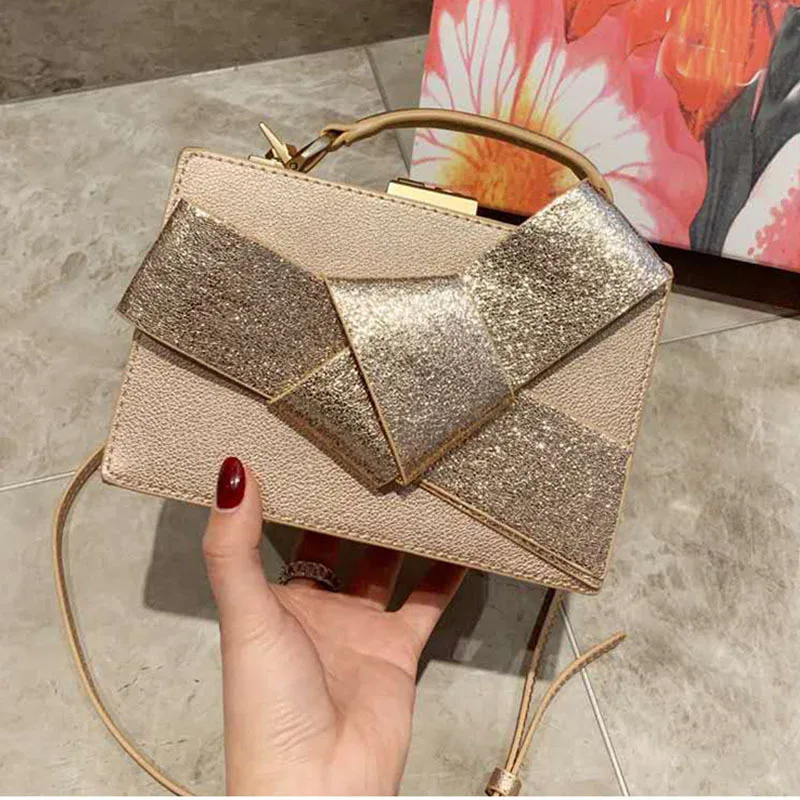 

2019 New Fashion Gold Shiny Bowknot Women Flap Bags Luxury Designer Shoulder Crossbody Bags High Quality Ladies HandBags