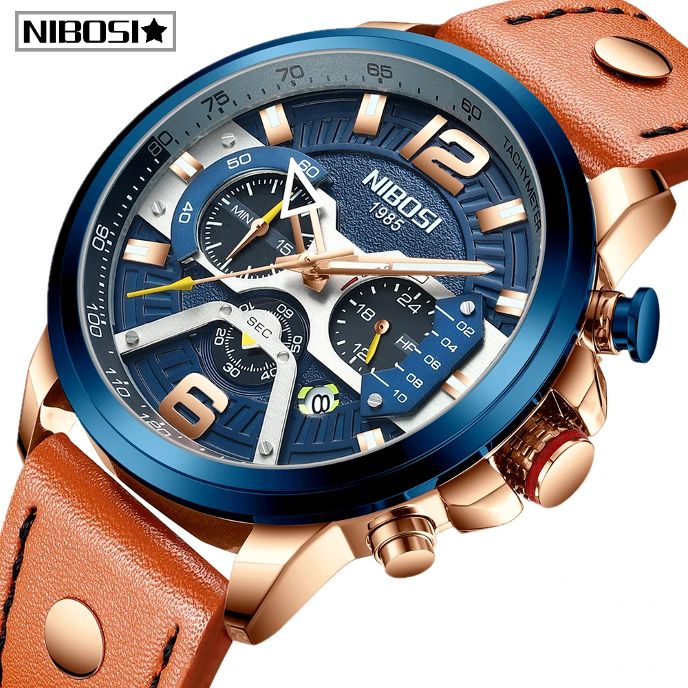 Часы наручные NIBOSI мужские с кожаным ремешком брендовые Роскошные