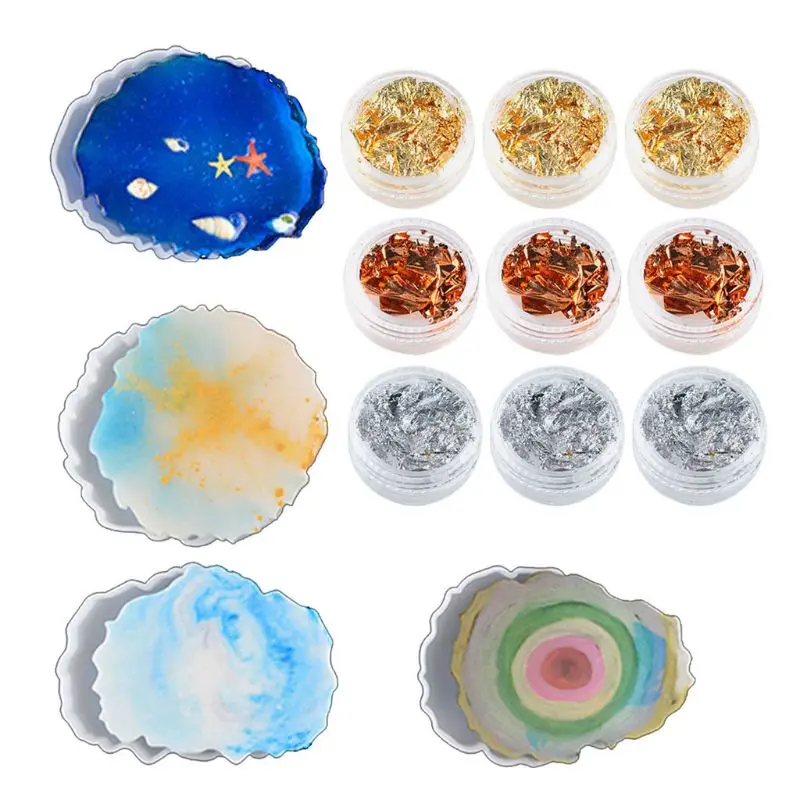 

4Pcs Irregular Wave Shape Silicone Geode Coaster Resin Molds with Foil Flakes B95F