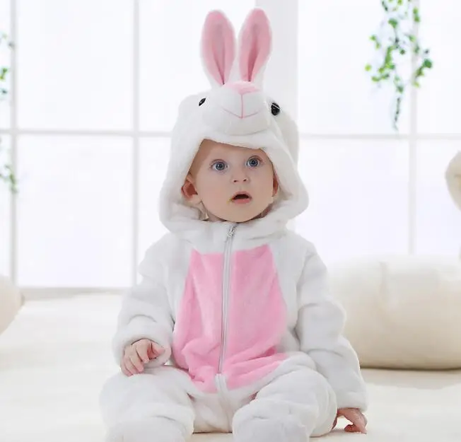 Фланелевый комбинезон унисекс для малышей; комбинезон с животными; пижамный комплект; флисовый комбинезон для малышей; Пижама для новорожденных; Размеры 4T - Цвет: White rabbit
