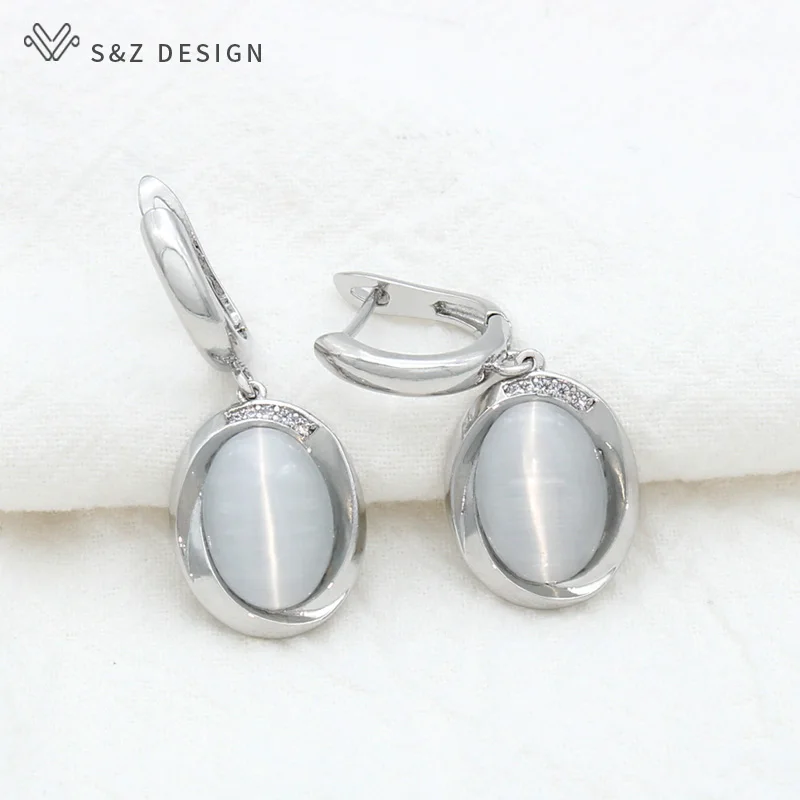 S&Z DESIGN New Elegant 585 Rose Gold Color Egg Shape Oval Cat's Eye Dangle Earrings For Women Wedding Natural Zircon Jewelry