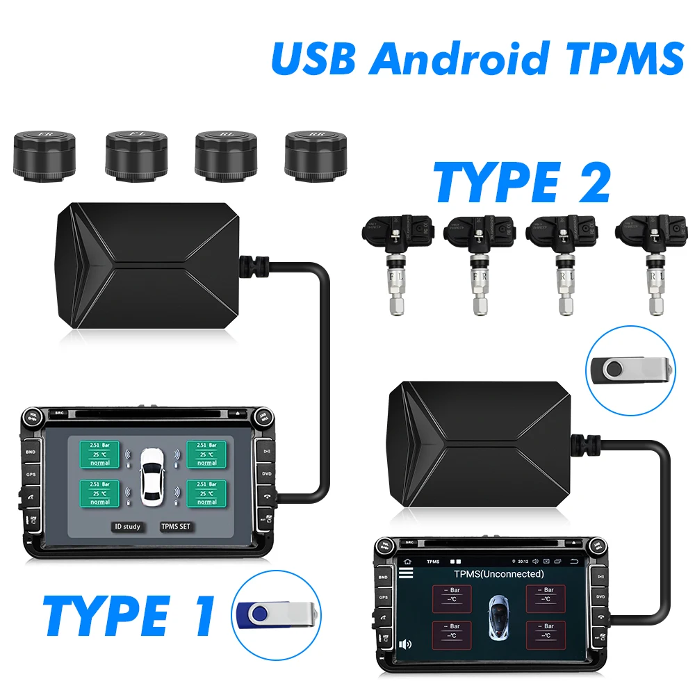 4 внешних/внутренних датчика USB Android TPMS автомобильная система контроля давления в шинах дисплей навигационная сигнализация давления в шинах 0-116Psi