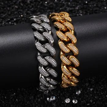 

20mm wide Stainless Steel AAA CZ Stone Paved Bling Ice Out Cuban Miami Chain Bracelet for Men Hip Hop Rapper Jewelry Gold