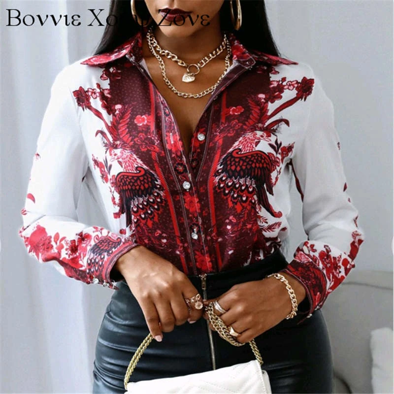 Women Turn-down Collar Buttoned Design Red Phoenix Print Long Sleeve Shirt Oversized Blouse long sleeve tops