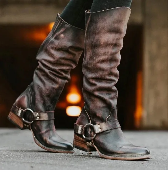 

Leisure Mature Womens Boots Short Casual Buckle Vintage Boots Round Toe Med Solid Winter Big Size Shoes