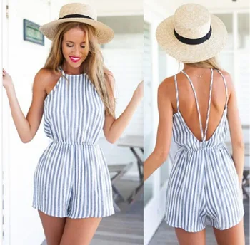 

La Nice Sexy Backless Striped Playsuit Female For Women Spaghetti Strap Summer Short Romper Sleeveless Beach Womens Jumpsuit