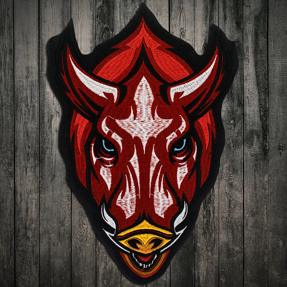 

Embroidery Red Bull Head Iron on Patches for Jeans Biker Punk Jacket Back Stickers Embroidery Applique Badge sewing