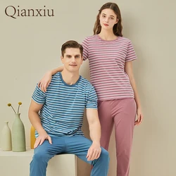 Women's Homewear Striped Short-Sleeved Sleep Tops and Pants Knitted Cotton Round-Collar Pajamas Set Nightgown Cotton Sleepwear