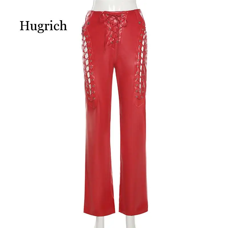 2021 Summer Fashion Women's New High Waist Hollow Out Strap Straight Leg Leather Pants