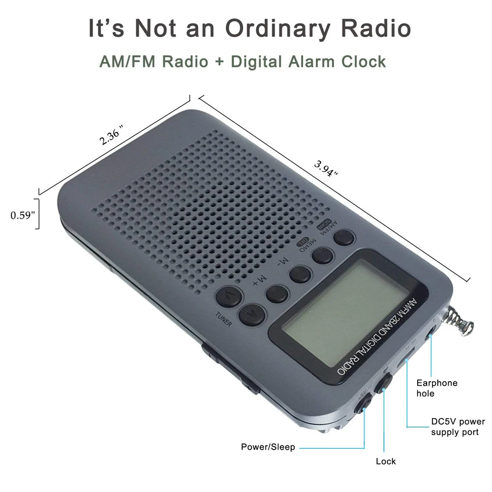 Portable Radio Mini LCD Digital FM AM Speaker with Alarm Clock and Time Display Function 3 5mm Headphone Jack and Charging Cable