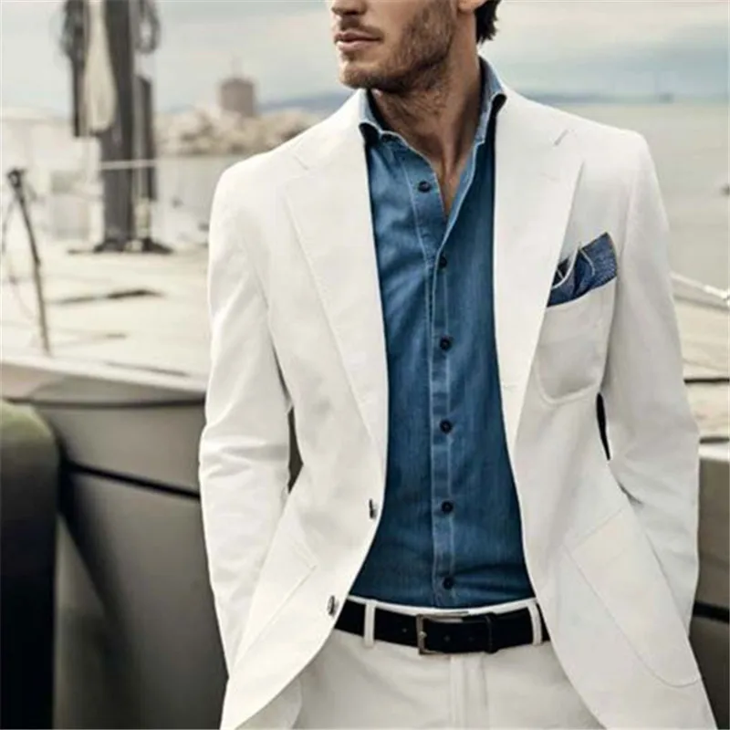 

Ivory 2 Pieces Linen Groom Tuxedos For Beach Wedding Slim Fit Mens Prom Dinner Suits Casual Blazer Best Men Groomsman Suit Male