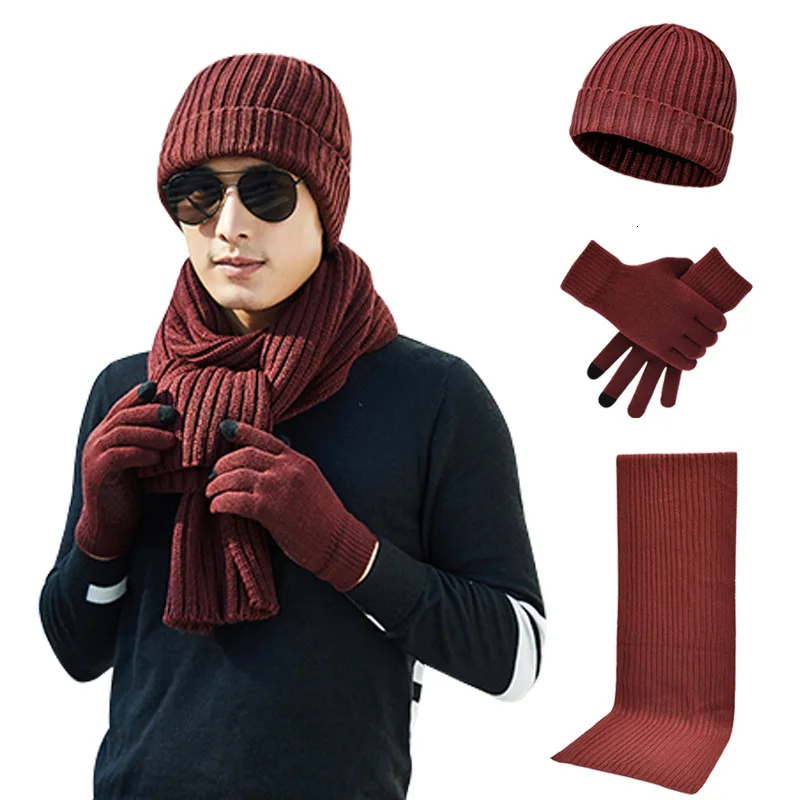 XPeople шапка и перчатка шарф Набор для мальчиков мягкий флисовый теплый зимний мужской комплект из 3 предметов вязаная шапка - Цвет: Wine Red