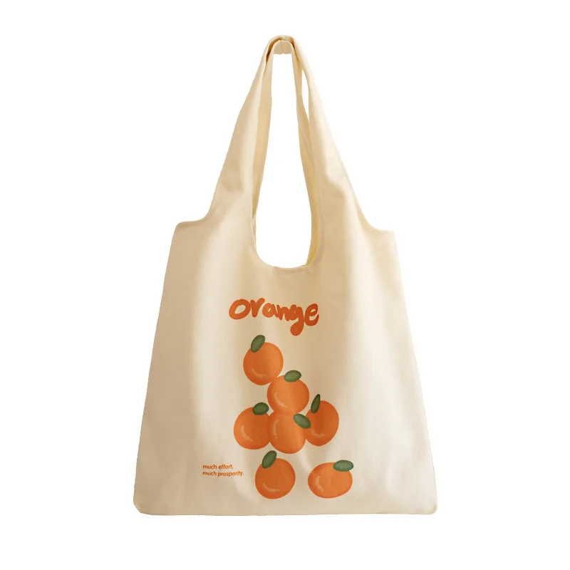 Women\'s Canvas Bag Lovely Fruit Print Orange Large Volume Shoulder Bag Artsy Preppy Style Cute Side Shopping Bag