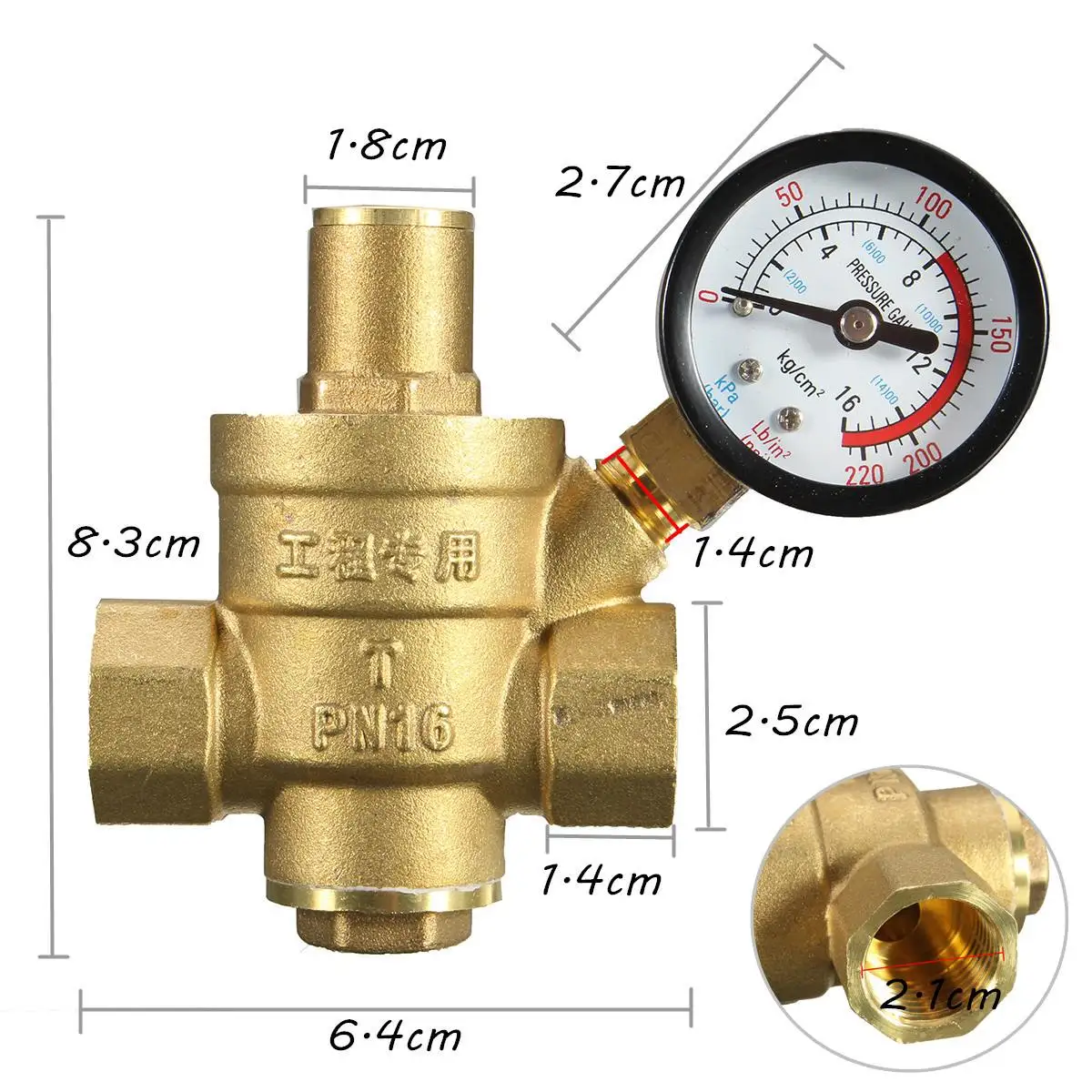 Регулируемый редуктор регулятора давления воды DN15 NPT 1/2 ''8,3x6,4 см с манометром, латунный измеритель давления воды PN 1,6 s