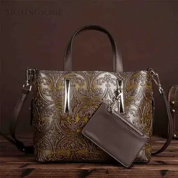 

Embossing Retro Style Genuine Leather Tote Bag Women Handbag In Natural Calfskin Luxury National Cowhide Bags Shopper Bag 2020