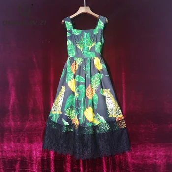 

Qian Han Zi Fashion Summer Dress 2020 Women Spaghetti Strap Sexy Dress vintage Pineapple print string sequin beading beach dress