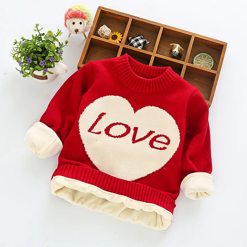 LOVE red Детская одежда высокого качества хлопковые свитера для маленьких девочек от 1 до 7 лет Зимний толстый пуловер теплые свитера с рисунком для мальчиков принт с сердечками - Цвет: LOVE red