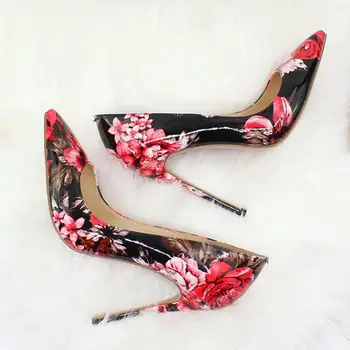 

12cm spring Printed Flowers Sexy Graffiti Womens High Heel Wedding Shoes Pointed Toe Apricot Party Dress wholesale dropshipping
