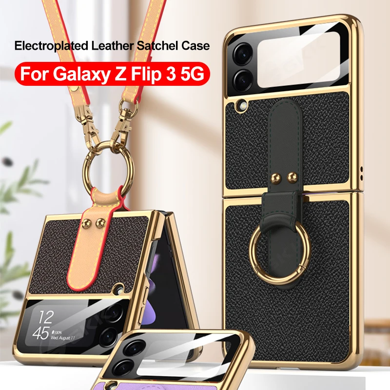 

GKK Original Case For Samsung Galaxy Z Flip 3 4 Case Luxury Plating Leather Strap Ring Stand Hard Cover For Samsung Z Flip 3 4
