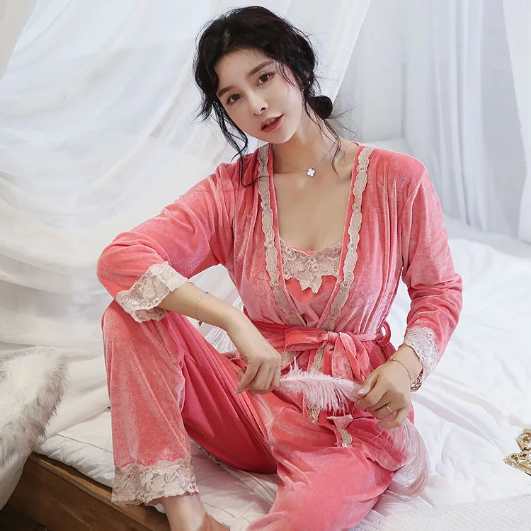 Женская пижама из 3 предметов золотой бархатный костюм для сна женская одежда