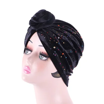 

Helisopus Colorful Beaded Flower Women Turbante Muslim Velvet Twist Knot Chemo Cap Headscarf Elegant Ladies Hair Accessories