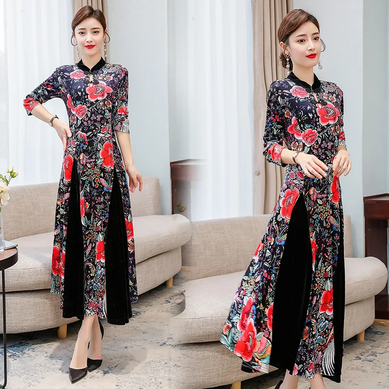 

Retro Velvet Floral Printed Dress Women's 2020 Spring Clothing New Style Cheongsam Stand Collar Lady Elegant Slimming Medium-len