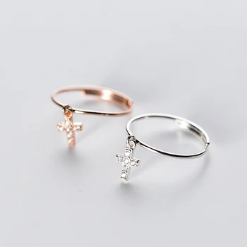 

S925 Silver Ring Female Japanese and Korean Style Simple Zircon Cross Open Ring Fashion Single Ring