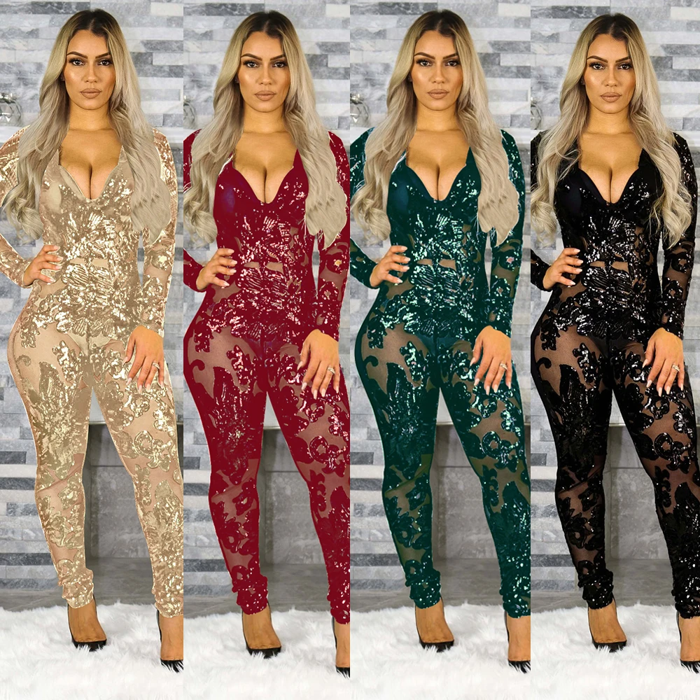 

Tsuretobe Sexy Perspective Sequins Jumpsuits Women Bodycon Party Club Romper Long Sleeve Overalls Deep V-Neck Outfits Female