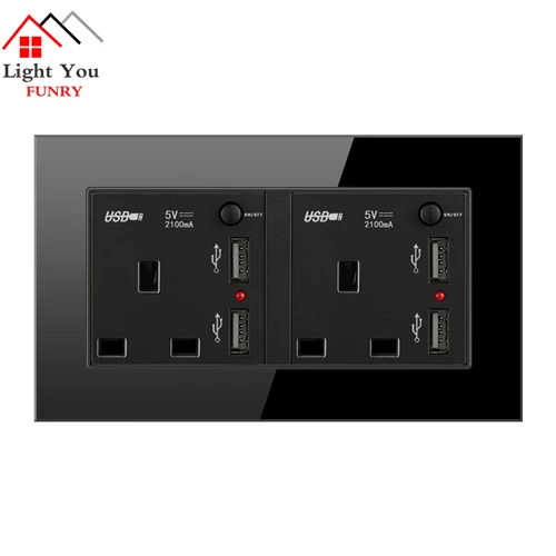 Хрустальная стеклянная панель, двойной USB порт для зарядки, 2.1A, настенное зарядное устройство, адаптер со светодиодным индикатором, 13A, английская розетка, розетка, черный, 1, 2 комплекта