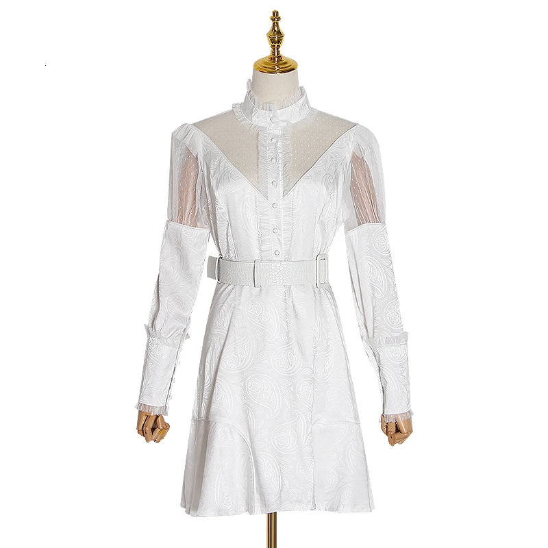 CHICEVER Polka Dot Women's Dress Stand Collar Long Sleeve High Waist Patchwork Lace Slim Mini Dresses Female Autumn New