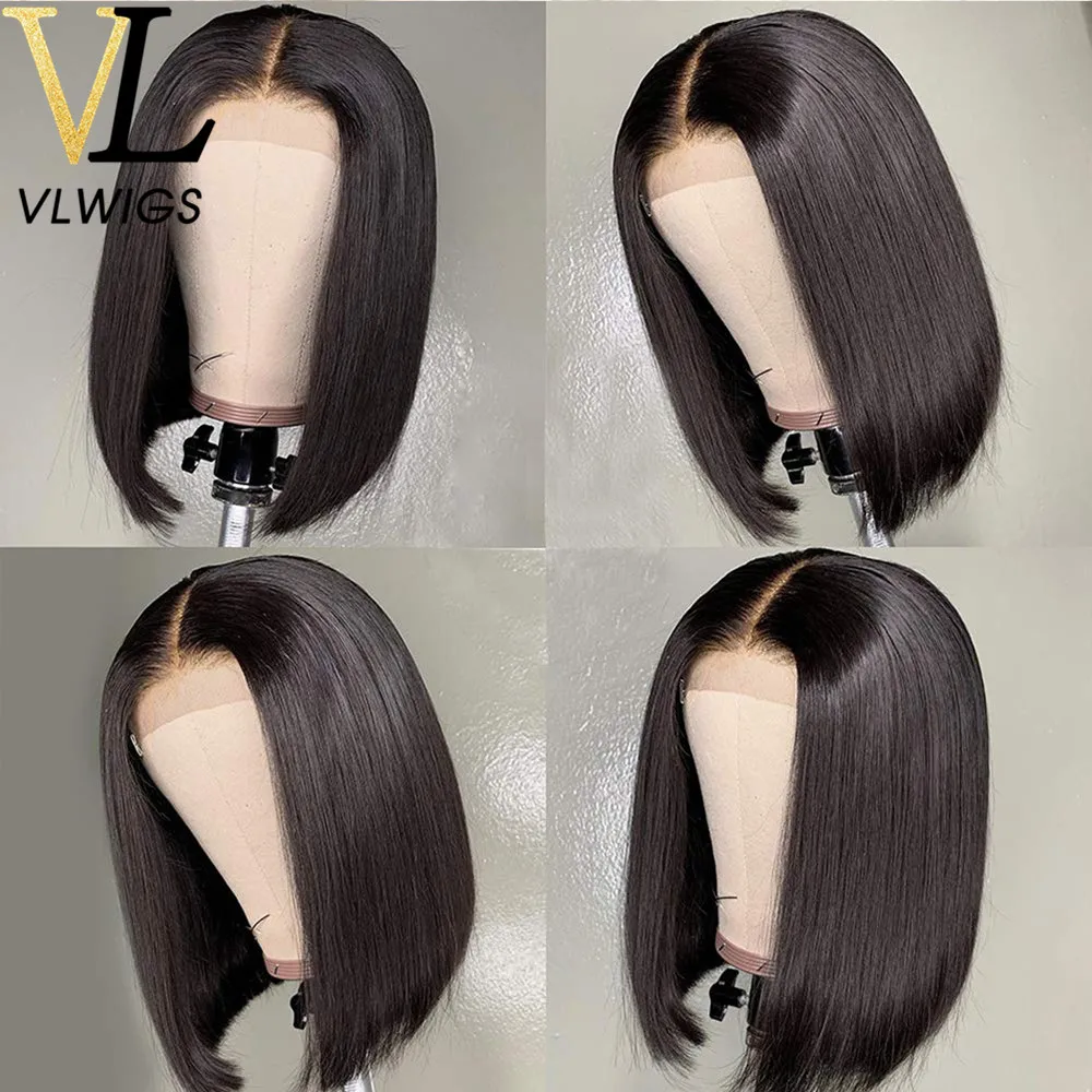 VLWIGS бесклеевой короткий Боб кружевные передние человеческие волосы парики бразильские Прямые предварительно выщипанные волосы отбеленные узлы с детскими волосами RY05