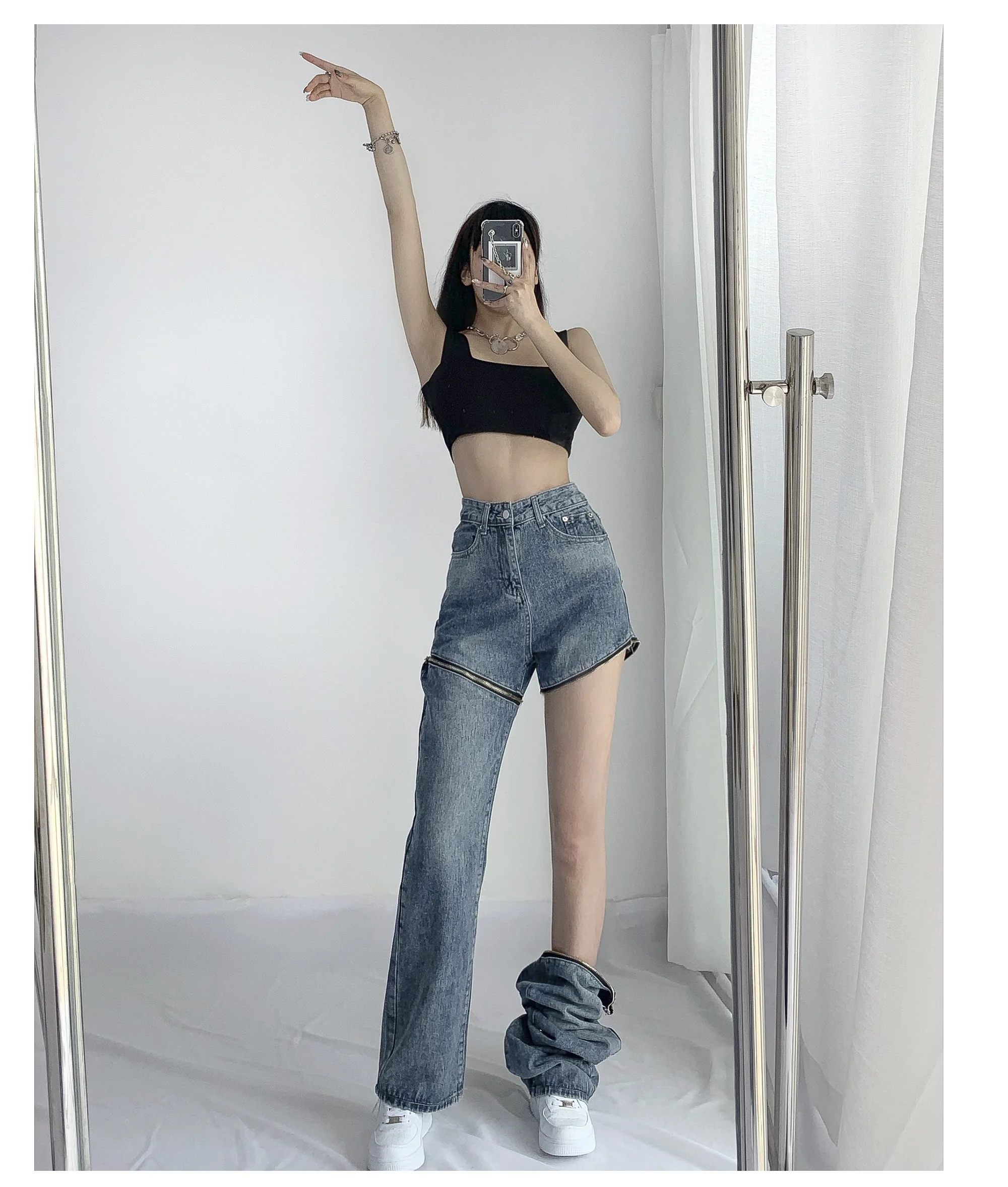 

American Straight Leg Jeans Women Hot Girl High Waist Loose Drape Wide Leg Pants Streetwear Design Denim Trousers