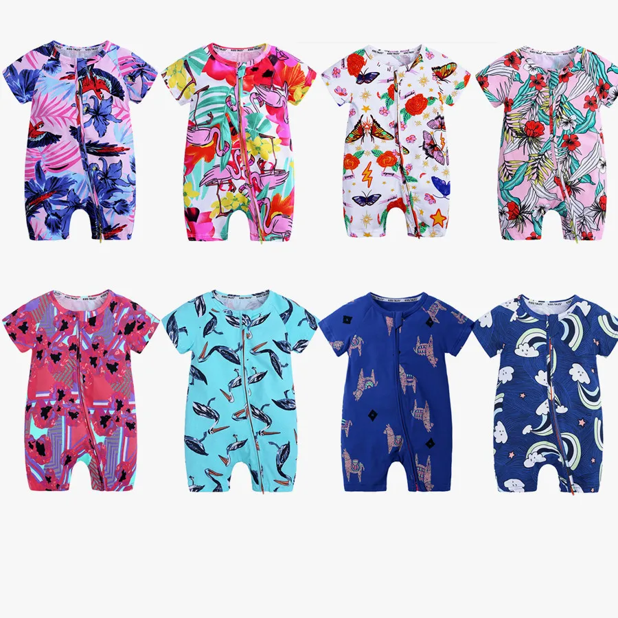 

Baby Girl Romper Summer 2021 Ropa de Beb Short Sleeve Zipper Front Open Cartoon Cotton Floral Printed Shortalls for Kids Outfits