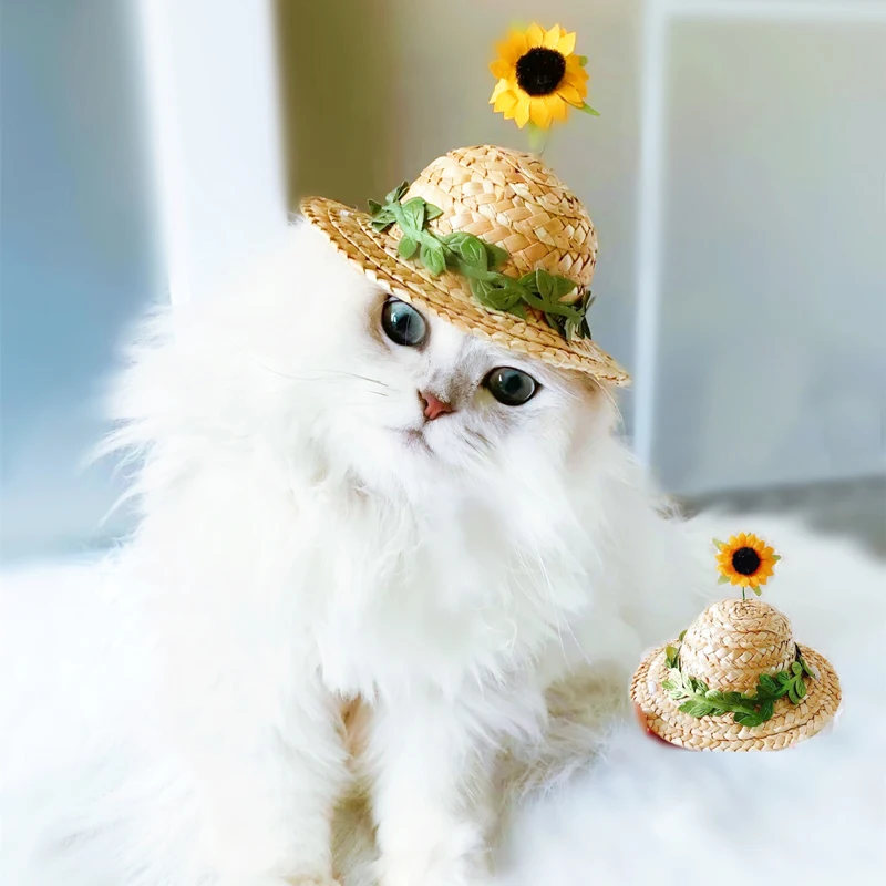 Yellow Balacoo POPETPOP Pet Straw Hat Dog Sunhat Spring Summer Floral Cute Handcrafted Woven Size S