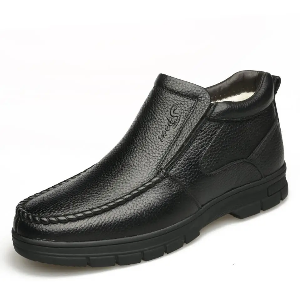 Black Man Winter Boots Quality Genuine Leather Shoes Brand Warm Thicken Inner wool Boots 38-44 Man Snow Leather Boots erkek bot - Цвет: Black