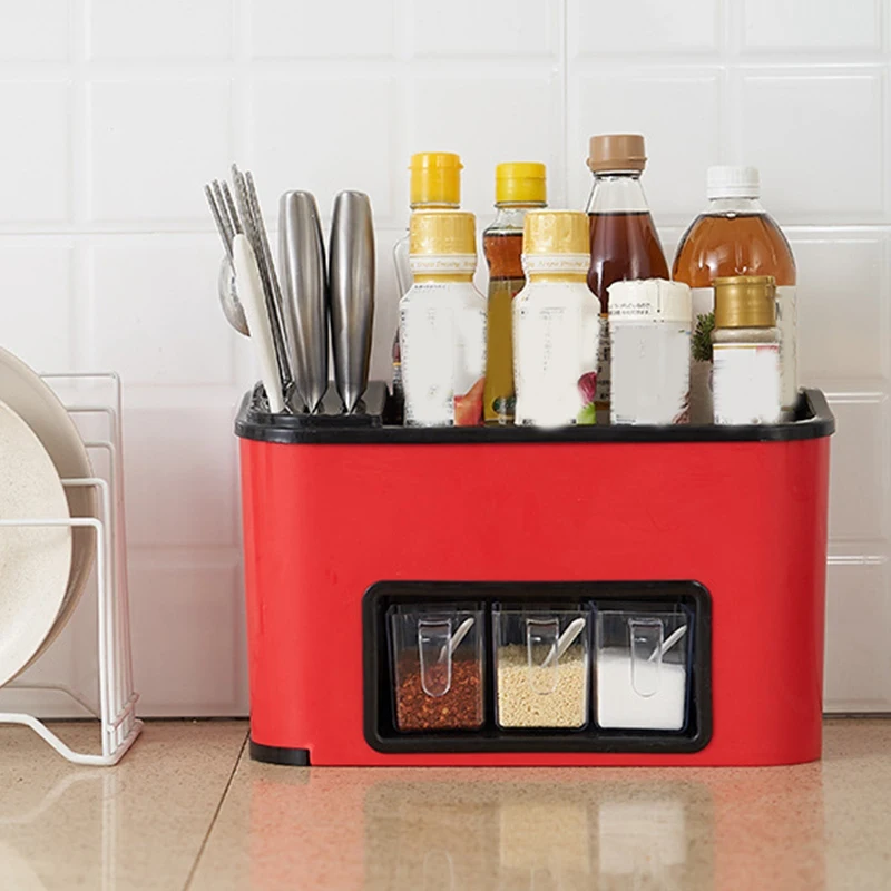 

Kitchen Organizer Spice Rack Seasoning Spices Storage Box Cutlery Rack with Hook Herb & Spice Tools Knife Holder Accessories Red