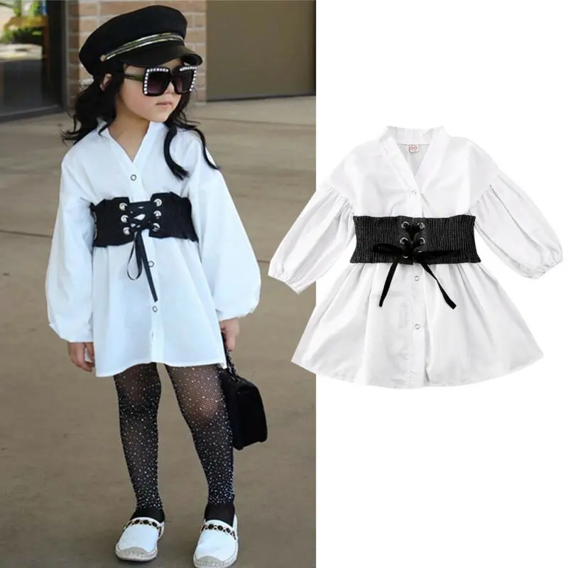 От 1 до 6 лет, осенне-весеннее платье для маленьких девочек белое платье с длинными рукавами Черный Джинсовый пояс, детские костюмы для девочек