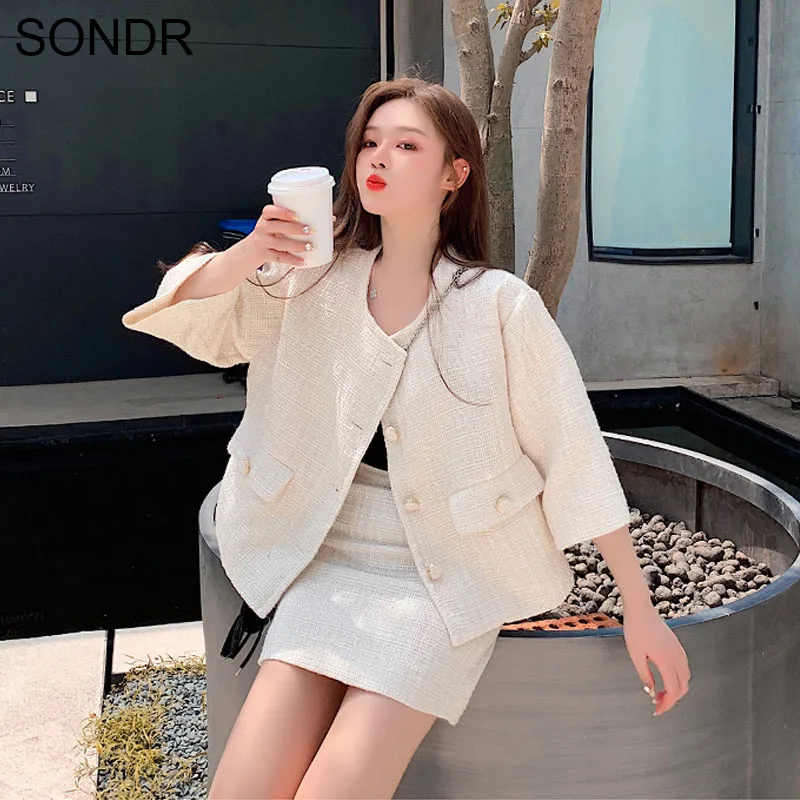 

Spring Autumn Tweed 2 Piece Set Women Professional Temperament Casual Suit Female Jacket Wool Top+Bodycon Pencil Skirt Suit Sets