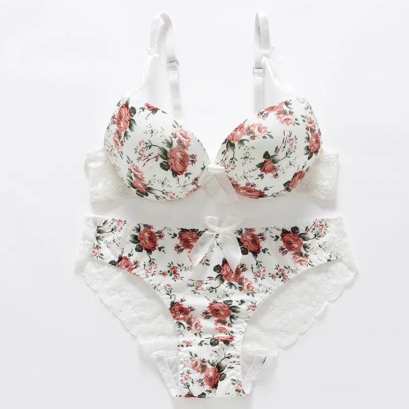 Sexy High Quality Women Print Bra set Silk Lace Flower Push up Big size Underwear Bow Bra Hollow out Panties bra and panty