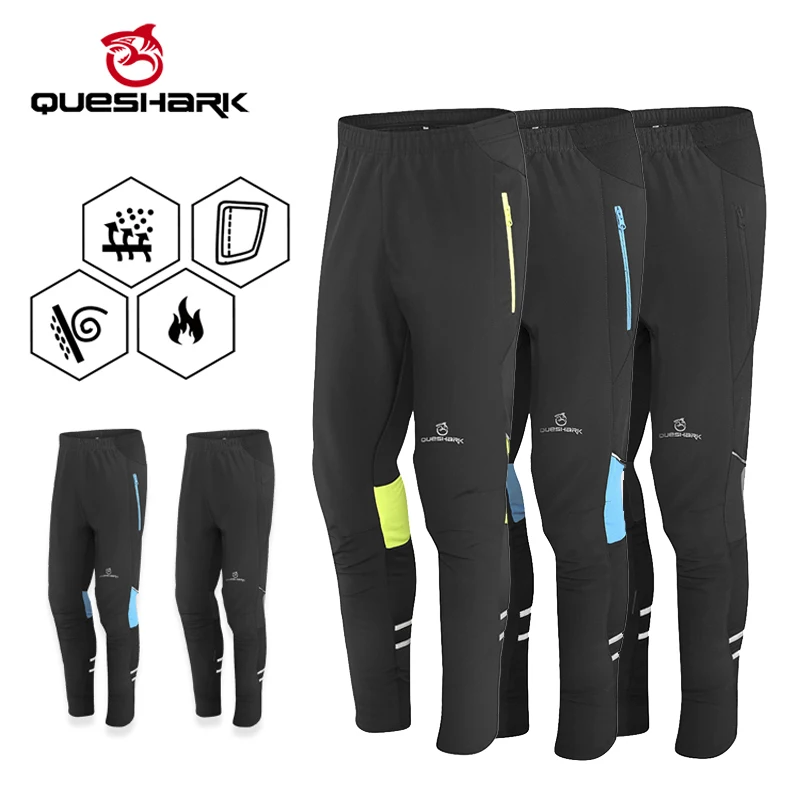 

QUESHARK Men Windproof Sports Cycling Pants Winter Fleece Warm Bicycle Long Pants Reflective Safety Riding Trousers Bike Pants