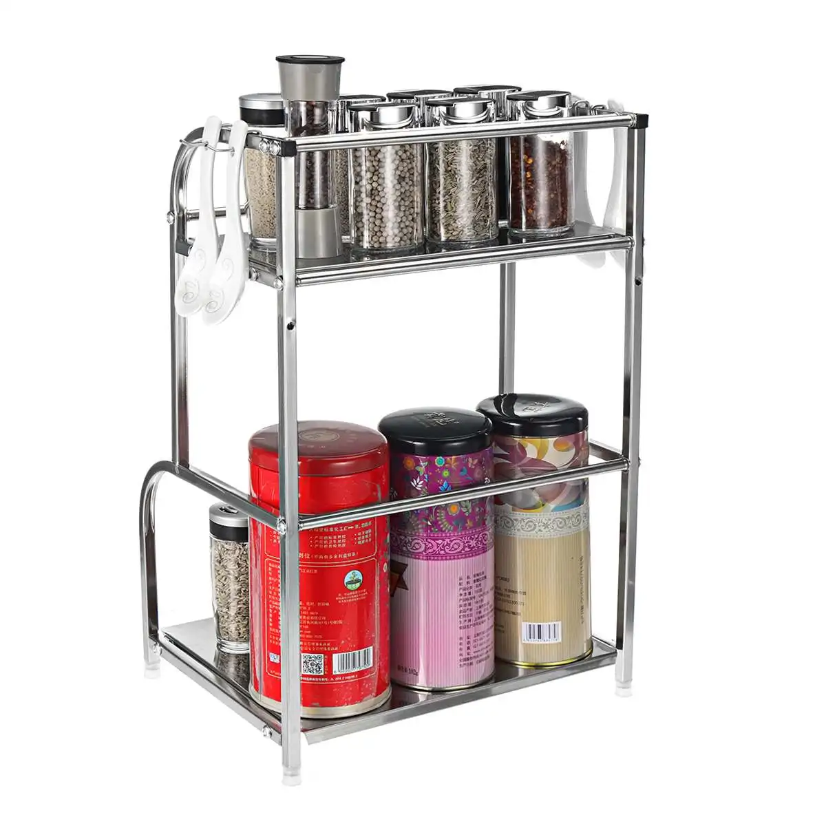 

Hot 2 Layers Stainless Steel Kitchen Storage Rack Holder Seasoning Condiment Bottles Shelf Stand Organizer Home 30/40/50cm Folda