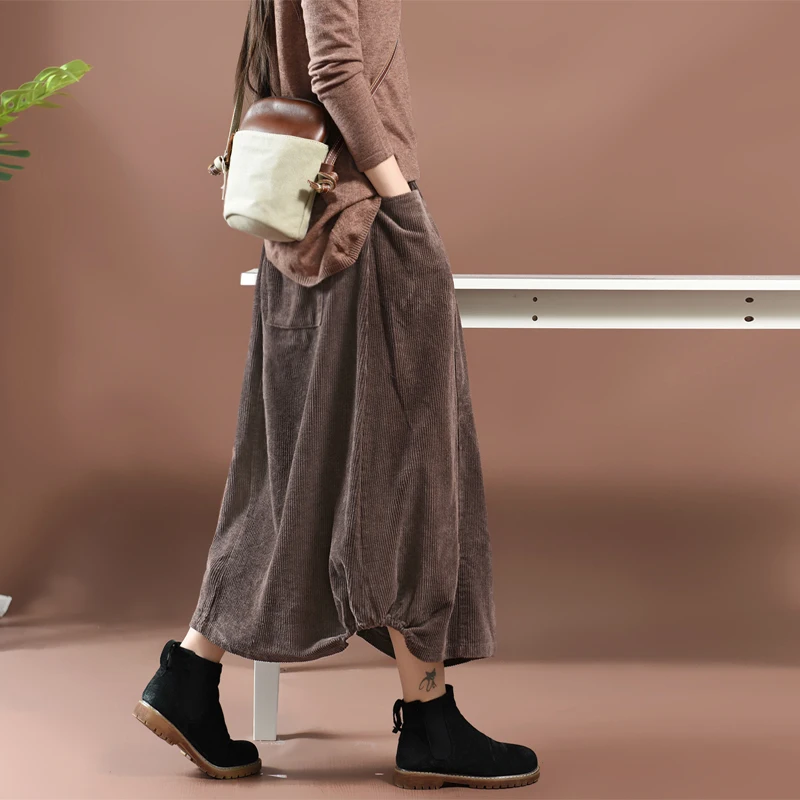 Женская юбка осень зима большой размер длинная юбка Вельветовая женский эластичный пояс карман Ретро Повседневная Свободная юбка Мори для девушки
