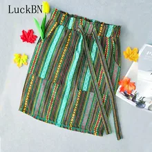 Летние Осенние полосатые юбки с принтом, женская зеленая прямая юбка, Корейская элегантная юбка с высокой талией, с карманами и поясом, женские плиссированные юбки