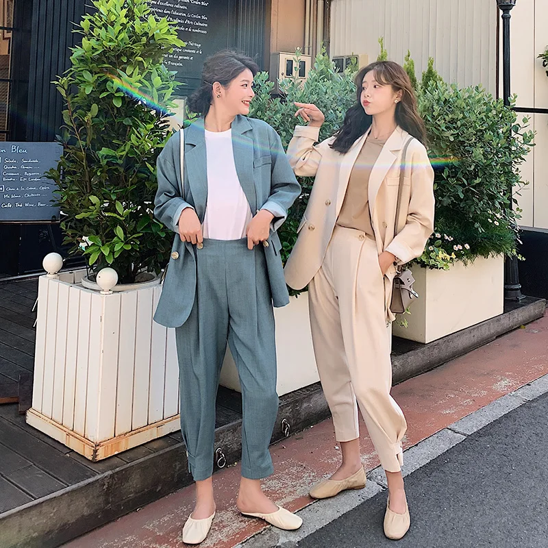 

New Female Office Two-piece Sets Solid Color Double-breasted Plus Size Women Clothes Stylish Suit Suit Trouser Costume Femme